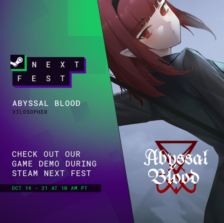RedDuelist's tweet photo. Abyssal Blood's demo just went live for Steam Next Fest in advance!

Be sure to check out this Action Rogue-like where you play as Lucy, the daughter of Lucifer 😈

Wishlist &amp; Play Demo now: https://t.co/rP9Xk7UVhJ

#SteamNextFest https://t.co/GXMWplynql