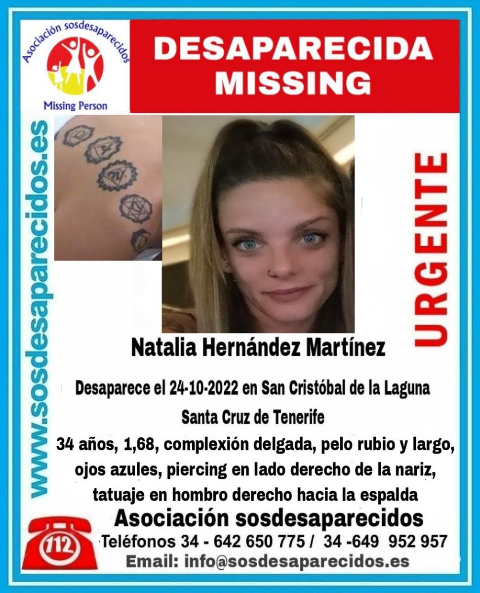sosdesaparecido's tweet photo. 🆘 DESAPARECIDA
Natalia continúa desaparecida y cualquier información es importante para lograr su localización.
👇 De Manera anónima. 
info@sosdesaparecidos.es
Recuerda: 24-10-2022 Aterrizó en el Aeropuerto de La Palma y no recogió su equipaje. https://t.co/yfwOZ6No3y