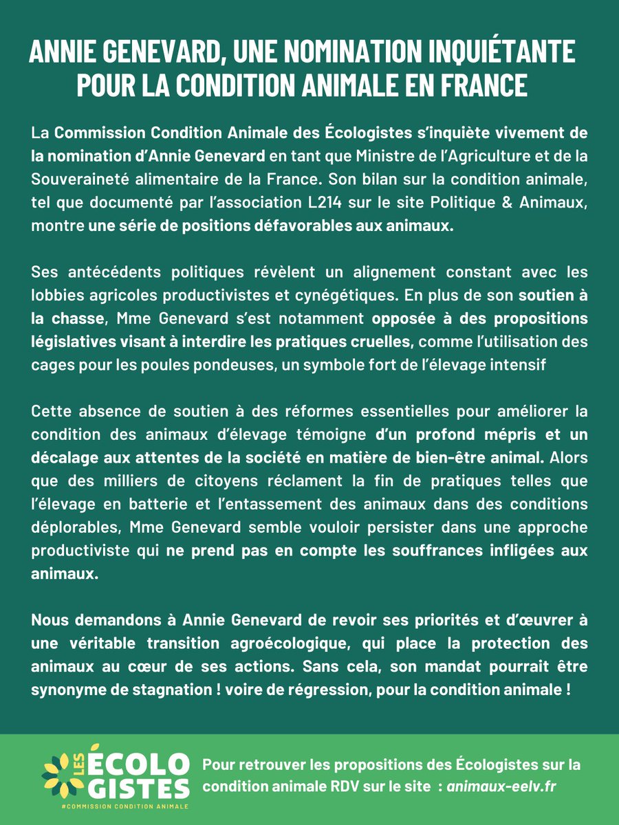 🚨 La nomination de <a href="/AnnieGenevard/">Annie Genevard</a> comme Ministre de l’Agriculture et de la Souveraineté alimentaire est une menace pour la condition animale en France. Son bilan reflète un manque de considération pour les animaux et les attentes des citoyen·nes.

Notre communiqué à lire ici ⤵️