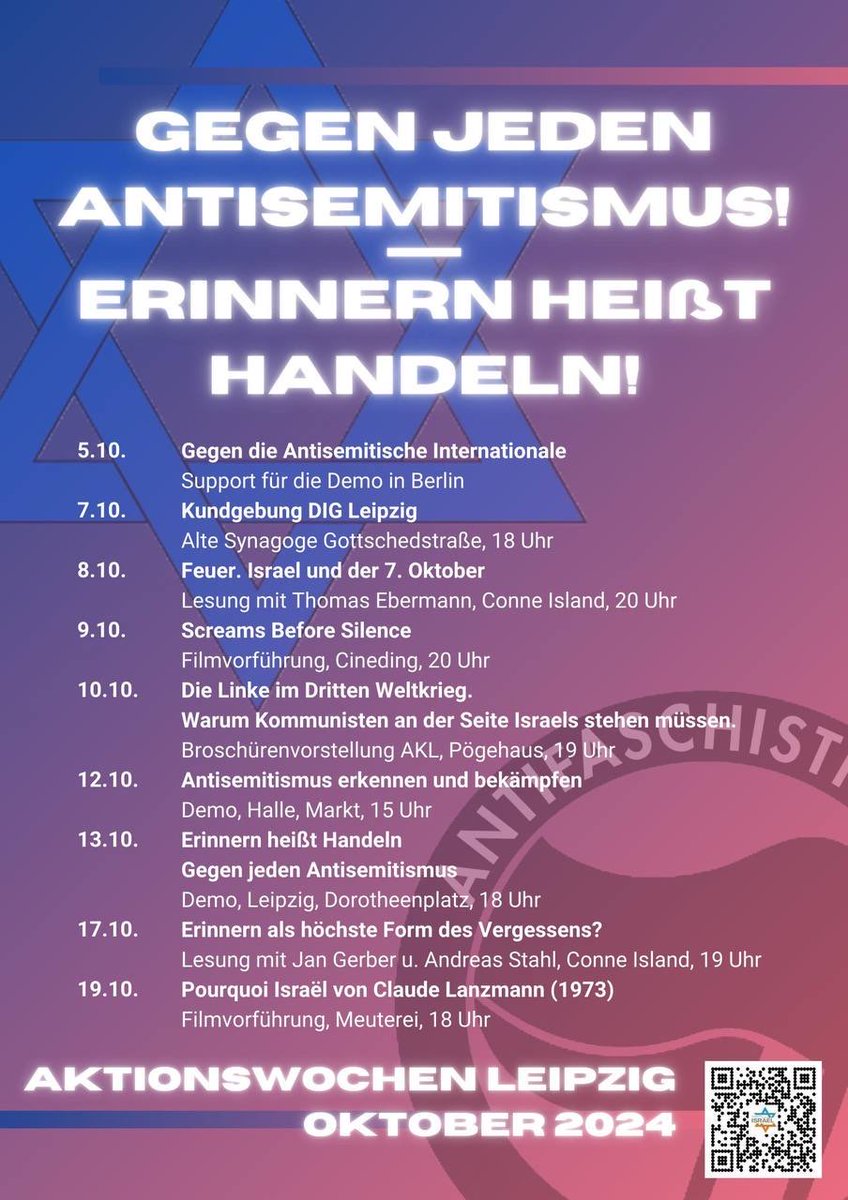 KappaLeipzig's tweet photo. Anlässlich des antisemitischen Massakers des 7.Oktober wird es eine Reihe von Vorträgen, Kundgebungen und Demos geben.

Unser Vortrag am 17.10 ist zwar nicht Teil der Reihe aber beschäftigt sich ebenso mit dem 7.10 und islamistischer Onlinepropaganda:

https://t.co/KvFgbGqm2i https://t.co/kYwRXhkppi