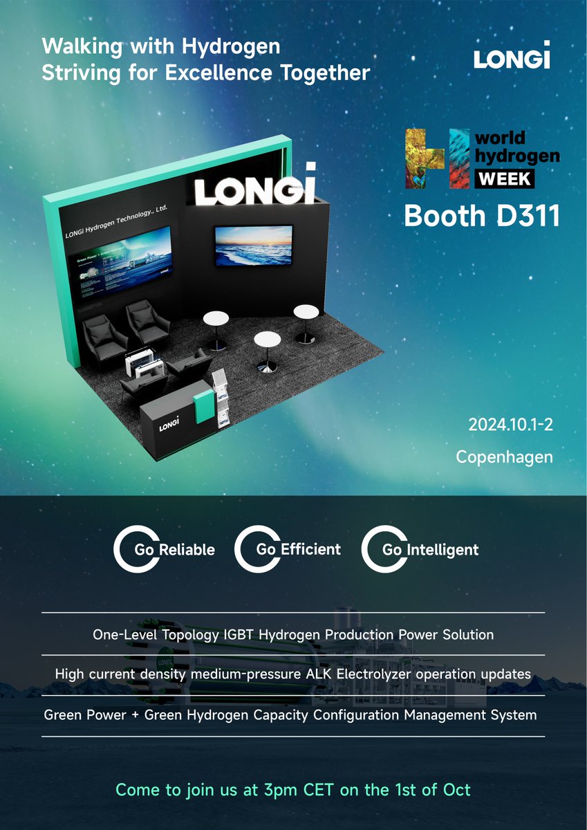 LONGi_Group's tweet photo. Walking with Hydrogen, Striving for Excellence Together
Get ready for showcasing our continuous innovation on the products and solutions!
in World Hydrogen Week Copenhagen 2024, LONGi Hydrogen comes with some exciting sharing, a sneak peek of presentations at our Booth D311 https://t.co/wjjjNeX6aO