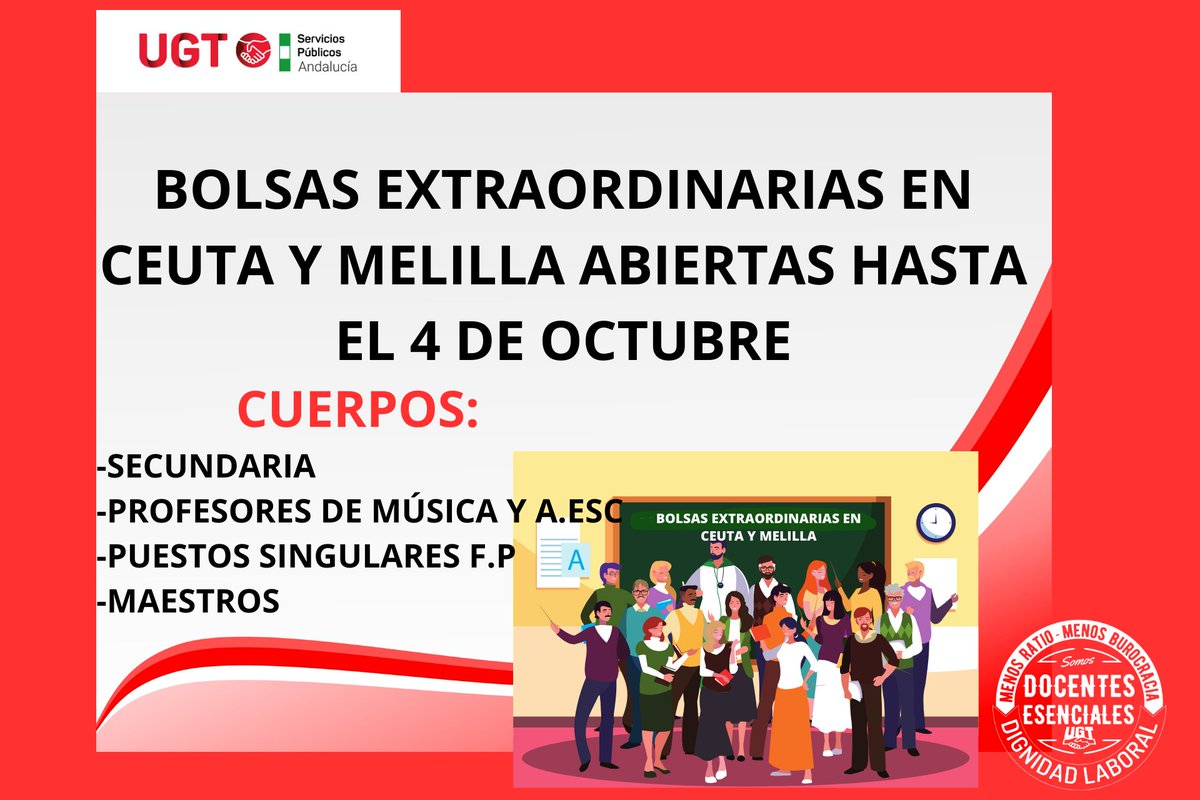 🔴Bolsas extraordinarias en Ceuta y Melilla, varios cuerpos ugtserviciospublicosandalucia.es/index.php/ense… #MenosRatio #MenosBurocracia #MásPlantilla #Esenciales #UGT