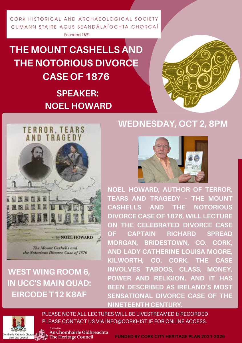 We have been so busy behind the scenes that we forgot to post the ad for the first lecture of our 2024-2025 events!
Please join us on Wednesday at 8pm for a fascinating lecture from Noel Howard on ‘The Mount Cashells and the Notorious Divorce Case of 1876.’