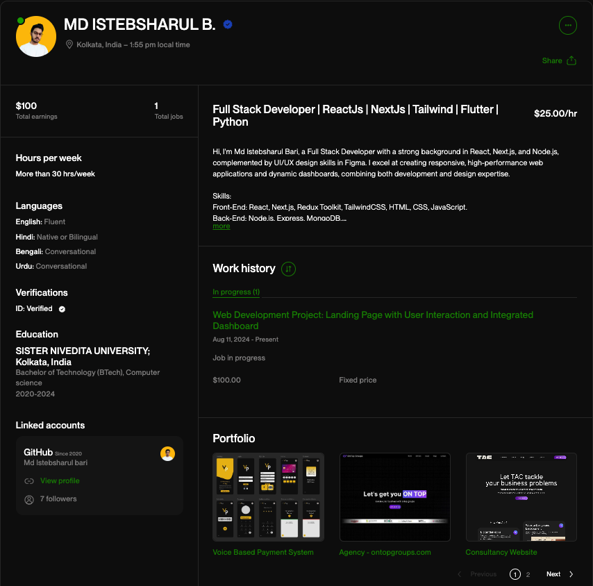 Istebsharul's tweet image. A month ago, landed my first US client on #Upwork in just 4 hours of signing up 🚀. 
Added 4 live projects to my portfolio, which helped me stand out! 💼✨ 

If you have any suggestions/tips please comment.
#Freelancer #UpworkTips #ClientWin #RemoteWork #developer
