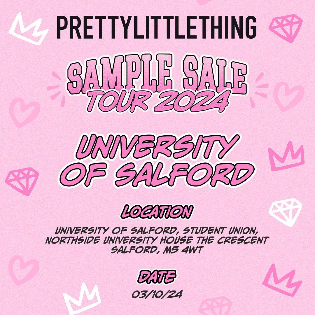Due to popular demand the @prettylittlething student sample sale is coming back Salford SU!
 £2 per item, card only. Join us at the University of Salford Student Union, Northside on Thursday 3rd October from 10AM – stocks last!

buff.ly/3BvQAYk