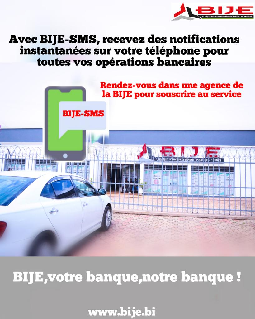 BIJE_Burundi's tweet photo. 📱📩 Avec BIJE-SMS, recevez des notifications instantanées sur votre téléphone pour toutes vos opérations bancaires.
#BIJE-SMS
#Votre banque, notre banque
#Burundi #Banque #Jeunes https://t.co/4pmPUjJZsK