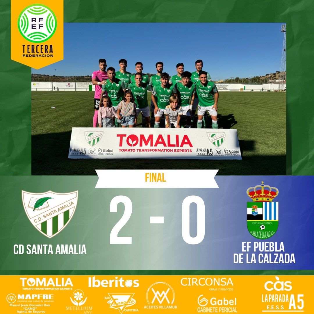 CDSantaAmalia's tweet photo. 🏁 Final -Jornada 4️⃣

CD Santa Amalia 2️⃣-0️⃣ EF Puebla de la Calzada

⚽️ Enrique ⚽️Matheus 

Nueva victoria en el Municipal, en un encuentro muy reñido donde los verdes consiguieron los tres puntos.

Suerte y nos vemos en la vuelta @PueblaEF 🤝🏽

💚¡Vamos Verdes! 💪🏽 https://t.co/X5pp1wjLqt