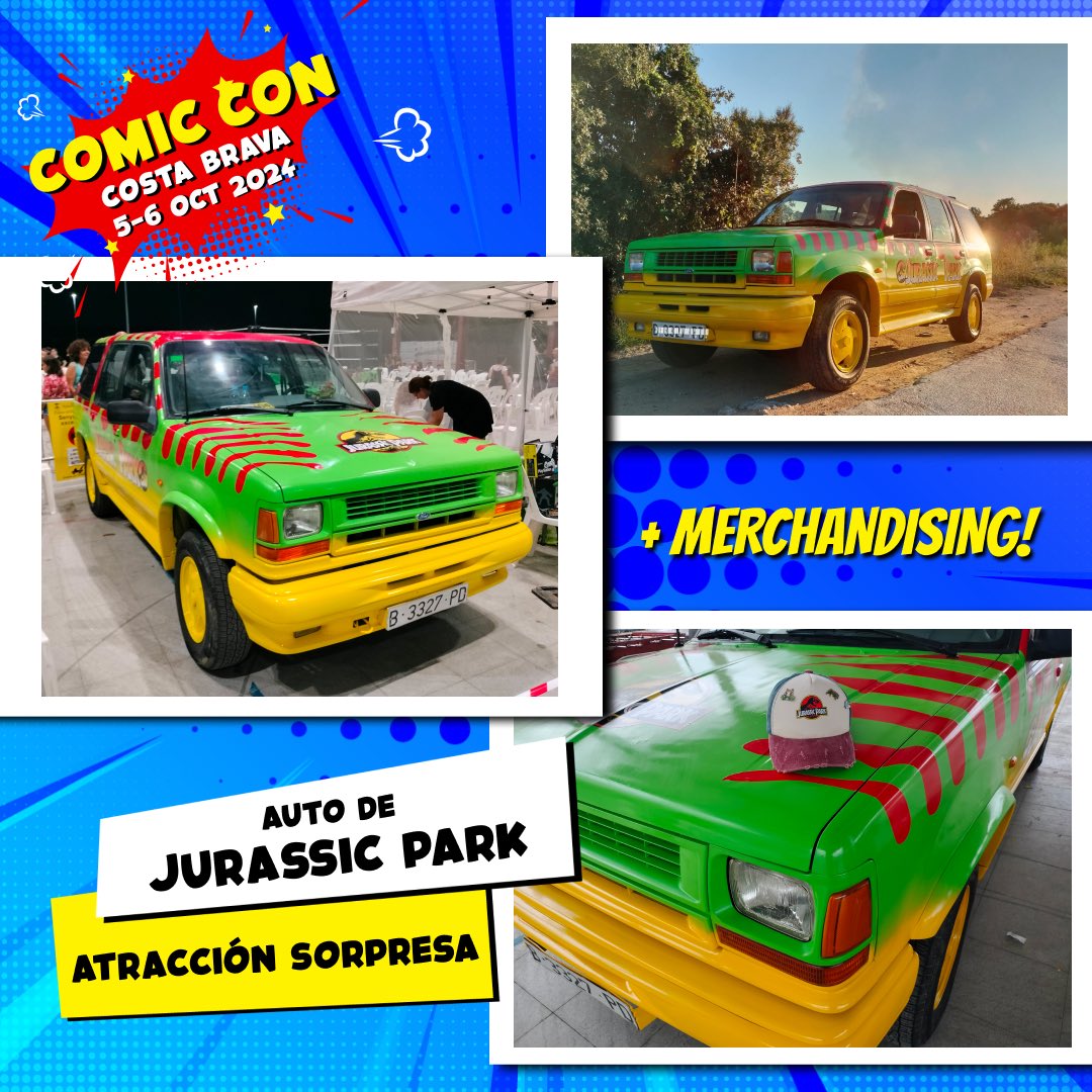 🌿🦕  
En la Comic Con Costa Brava tendremos una atracción sorpresa que no te puedes perder: ¡un increíble coche de Jurassic Park! 🚙🌋 
Además, contaremos con merchandising exclusivo 🦖, incluyendo creaciones en 3D.
¡Viva esta experiencia jurásica única! 💥