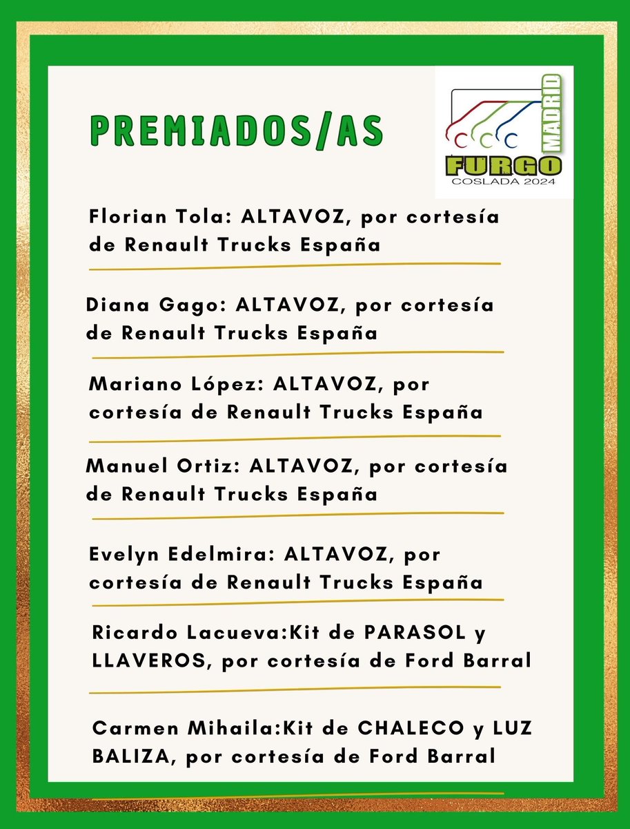 ¿Eres un@ de l@s premiad@s de #FurgoMadrid 2024?

Compruébalo aquí 👇 

<a href="/RenaultTrucksEs/">Renault Trucks ES</a> <a href="/RenaultTrucksCo/">Renault Trucks</a> <a href="/FordSpain/">Ford España</a> <a href="/Ford/">Ford Motor Company</a> <a href="/BarralAutoFord/">Barral Auto</a> #premiados #gratis #sorteo #difundalia #Ford #RenaulTrucks