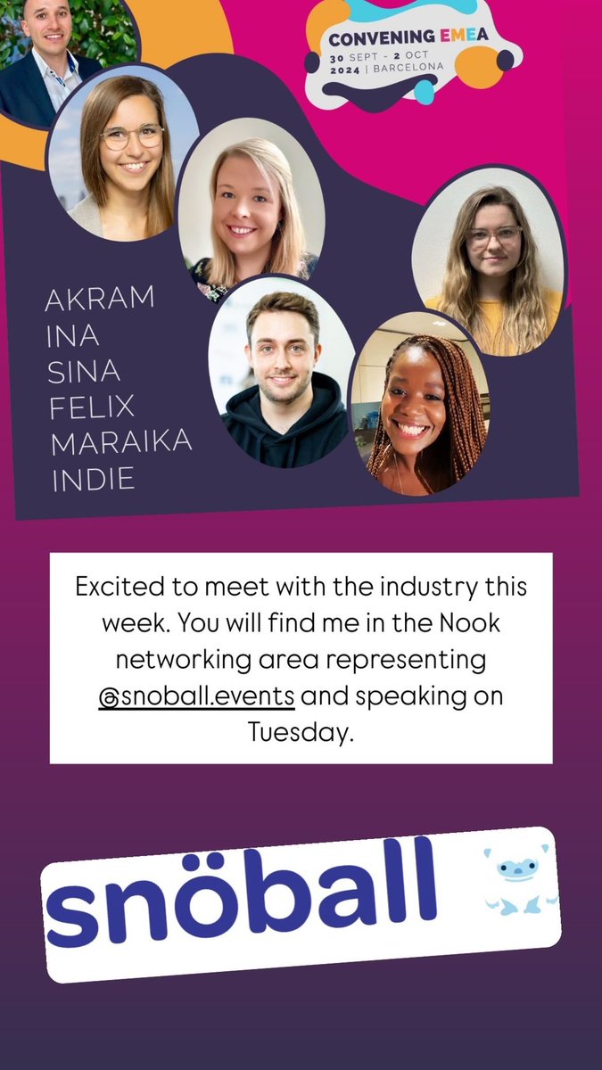Excited to meet the industry at #ConveningEMEA this week in sunny Barcelona. I’ll be presenting <a href="/snoballevent/">snöball</a>.  You can find me in the Nook or on stage on Tuesday at the Next Gen session 😊

<a href="/pcmahq/">PCMA</a> #pcmaemea