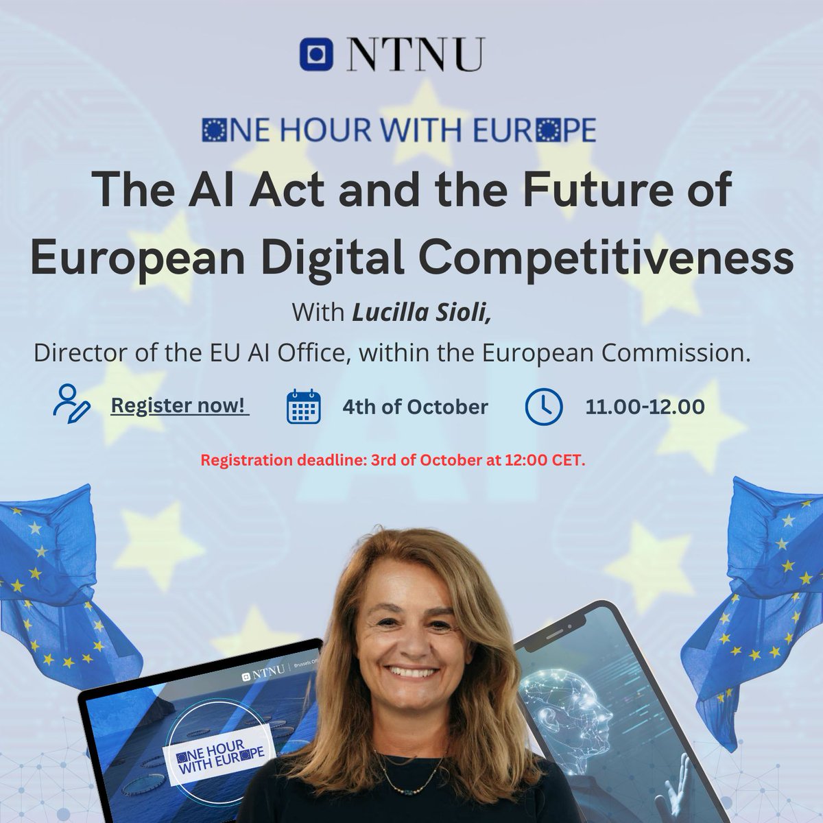 NTNU Brussels (@ntnubrussels) on Twitter photo Join our next "One Hour With Europe" webinar on October 4th, featuring <a href="/LucillaSioli/">lucilla sioli</a>, Director of the EU AI Office. We'll explore the role of the new AI Act in EU's competitiveness, the future of AI innovation, etc. Register now! forms.office.com/Pages/Response… Join our next "One Hour With Europe" webinar on October 4th, featuring <a href="/LucillaSioli/">lucilla sioli</a>, Director of the EU AI Office. We'll explore the role of the new AI Act in EU's competitiveness, the future of AI innovation, etc. Register now! forms.office.com/Pages/Response…
