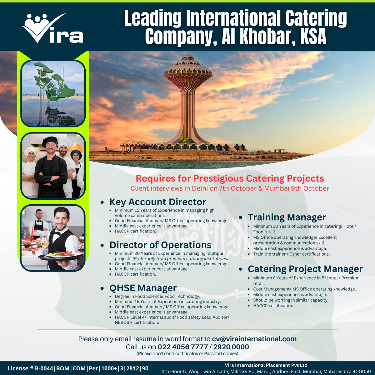 Vira_India's tweet image. Exciting Career Opportunities with a Leading International Catering Company in Al Khobar, KSA!

Client interviews will be held in Delhi on October 7th and Mumbai on October 9th.

#Vira #ProjectManager #TrainingManager #QHSE #KeyAccountDirector #DirectorOfOperations #ApplyNow