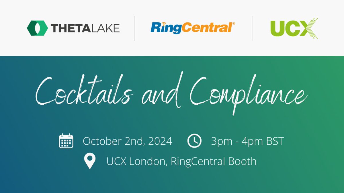 UCX (@ucexpo) on Twitter photo 🍸 Cheers to Compliance at UCX London!
Stop by Booth #P47 for a Cocktails and Compliance Happy Hour with the <a href="/thetalake/">Theta Lake</a> and <a href="/RingCentral/">RingCentral</a> teams!
Enjoy a custom cocktail and discover how Theta Lake ensures seamless compliance and security for RingCentral communications.
#UCX24 🍸 Cheers to Compliance at UCX London!
Stop by Booth #P47 for a Cocktails and Compliance Happy Hour with the <a href="/thetalake/">Theta Lake</a> and <a href="/RingCentral/">RingCentral</a> teams!
Enjoy a custom cocktail and discover how Theta Lake ensures seamless compliance and security for RingCentral communications.
#UCX24