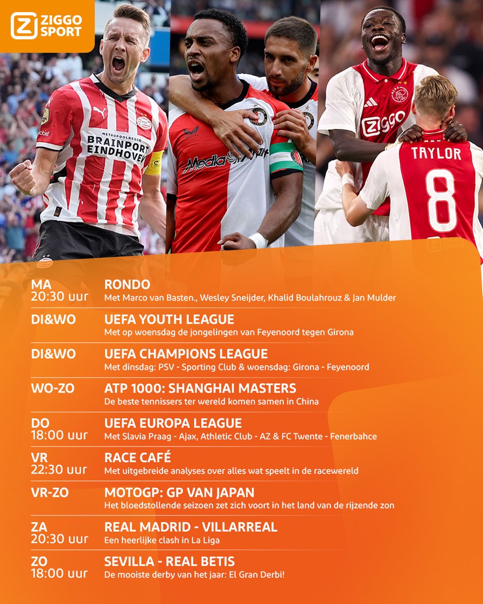 ZiggoSport's tweet image. Rondje door 𝐄𝐮𝐫𝐨𝐩𝐚! 🌍
Ga er maar even goed voor zitten, want alle Nederlandse ploegen komen deze week in actie in de UEFA Champions League &amp;amp; Europa League 🍿 

Wie pakken deze week de punten? 
Dat en veel meer zie je op Ziggo Sport 🤩

#ZiggoSport #Programma #UCL #UEL