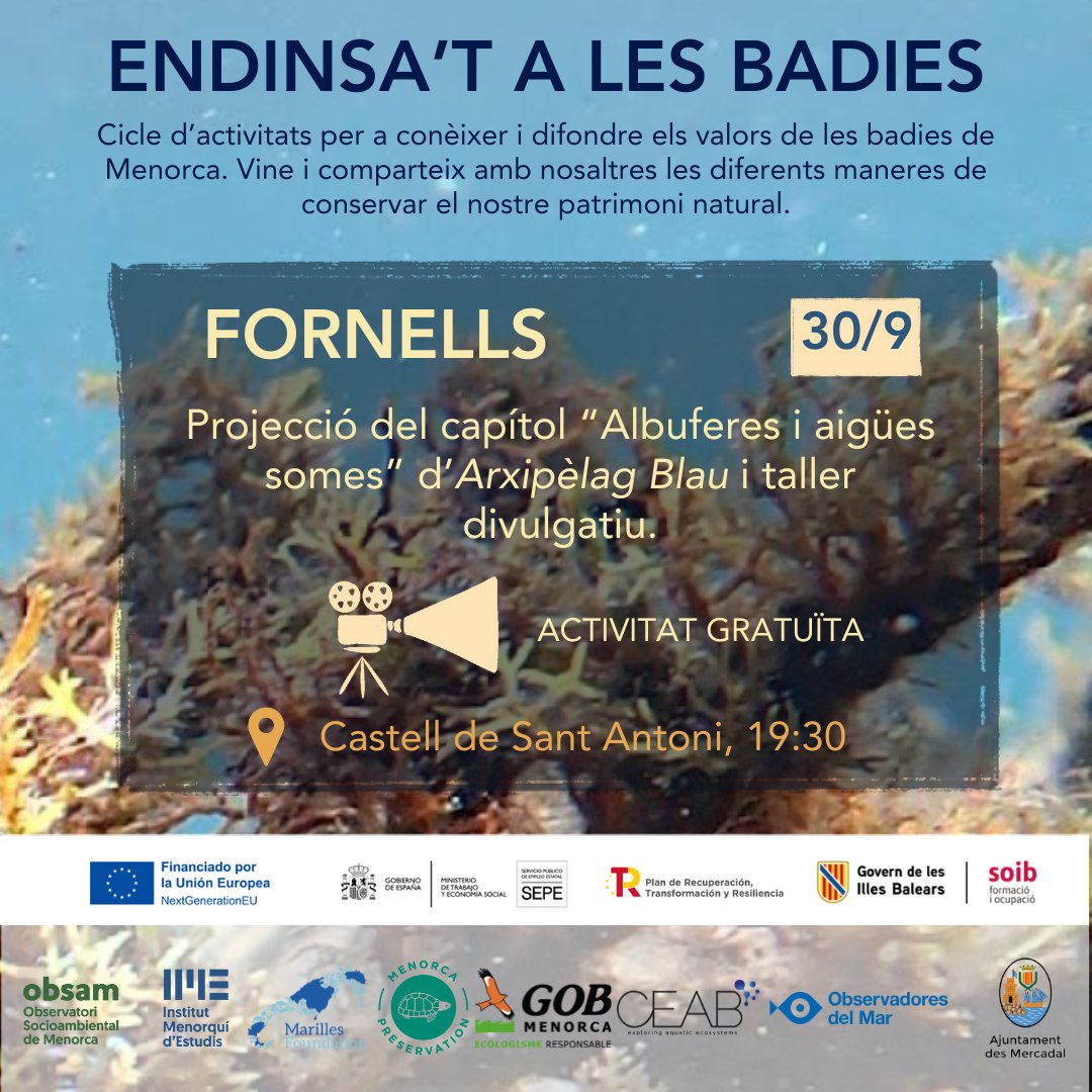 📢T'esperam avui!

🕢19:30
📍Castell de Sant Antoni (Fornells)

Per:
🐟Conèixer millor la badia de Fornells i la importància de les badies somes de Menorca i opinar sobre la seva gestió - <a href="/ImeObsam/">IME OBSAM</a> 
🔬Descobrir <a href="/obsdelmar/">Observadores del Mar</a> 
🎞️Veure un capítol d'#ArxipèlagBlau
👇