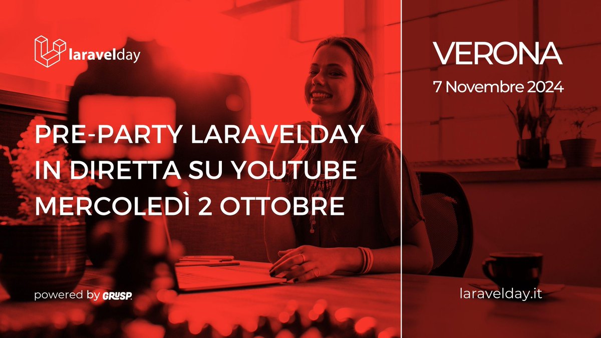 LaravelDayIt's tweet image. 🎉 Pre-party di #laravelday24 - Live Mercoledì 2 Ottobre ore 21!
In diretta su YouTube
📺 youtube.com/@GrUSP
Prima della conferenza dedicata al framework #PHP ci troviamo online per scoprire qualcosa in più su persone e contenuti.
Con Filippo Galante, @tr1pp0 @acappellozza
