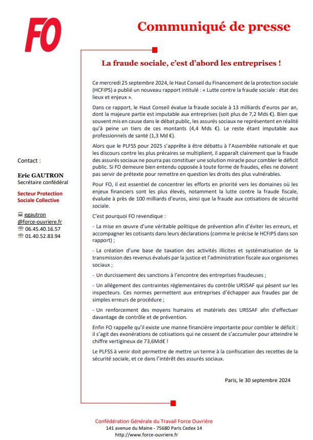 force_ouvriere's tweet image. [#Communiqué FO] La fraude sociale, c’est d’abord les entreprises !

"Ds son dernier rapport, "le Haut Conseil du Financement de la protect° sociale évalue la #fraudesociale à 13 milliards d’€ par an, dont la majeure partie est imputable aux entreprises (soit + de 7,2 Mds €)"⬇️
