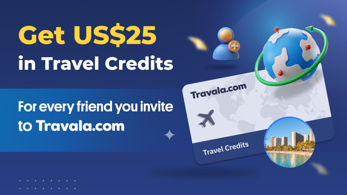 travalacom's tweet image. GET US$25 in Travel Credits for every friend you invite to Travala!🏝️

1. Invite a friend to sign up
2. They book a hotel for US$400+
3. You both get US$25 in Travel Credits!😍

Use credits on flights, hotels &amp;amp; activities globally ✈️

Start inviting today👉travala.com/invite