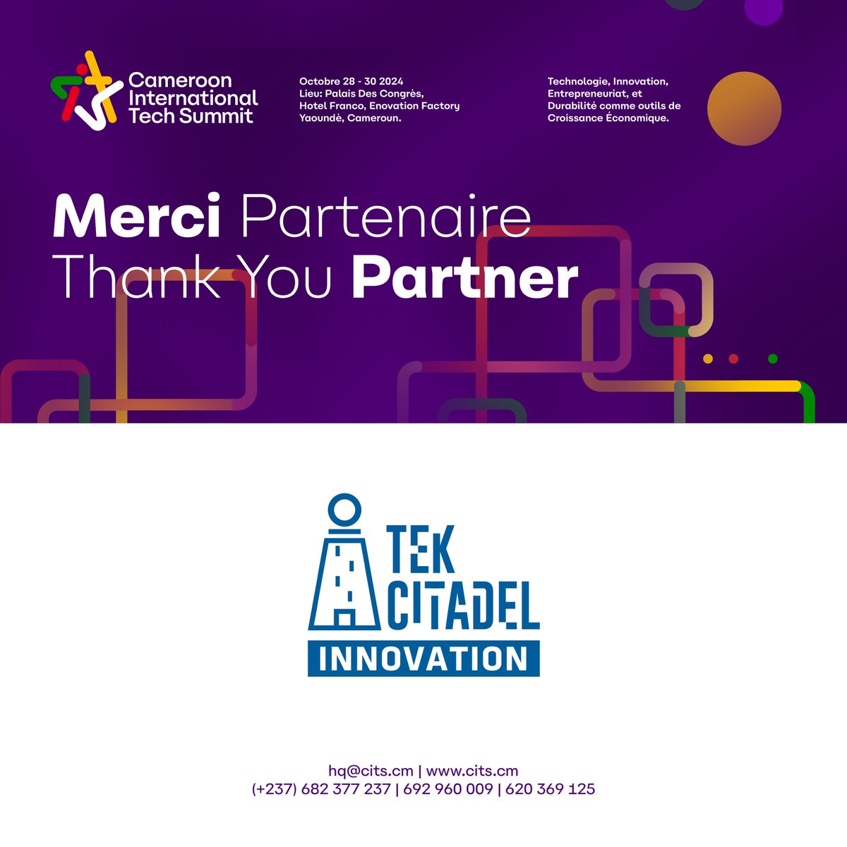 Thank you, Tek Citadel, for being a Key Partner to CITS24!

Visit cits.cm to register your interest

#cits24 #tech #innovation #entrepreneurship #startup #Cameroon #sustainability #africa #giz #germancooperation #pnudcameroun #mountainhub #tekcitadel