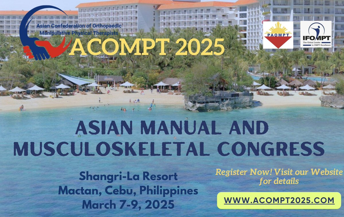 ujuntilla's tweet photo. Asian Manual and Musculoskeletal Congress (ACOMPT2025)
https://t.co/pkghpflwxO
#letsvisitthePhilippines
#acompt2025
@IFOMPT @timothywflynn @jopip @abrushton @apaphysio @PhysioCan @CAMPTCertified @micmancebu @DrFirasMourad @AAOMPT @OMTFrance @PhysioMACP @OrthopaedicAPTA https://t.co/nOxiKNQdJ3