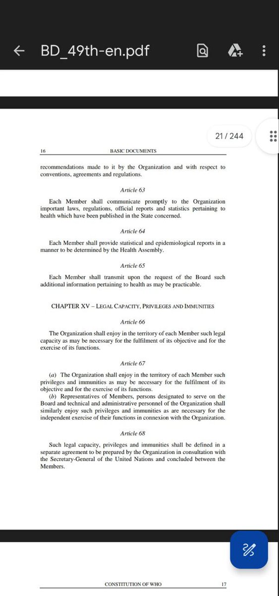LegalCenter5661's tweet photo. No full indeminity for the WHO:
Any crime that is done by a WHO-official through activities outside of WHO's own statutory purpose (Art. 1 WHO Const.) will not benefit from the immunity clauses of Art. 66 and 67 WHO-Constitution: https://t.co/kqhMweFcMY