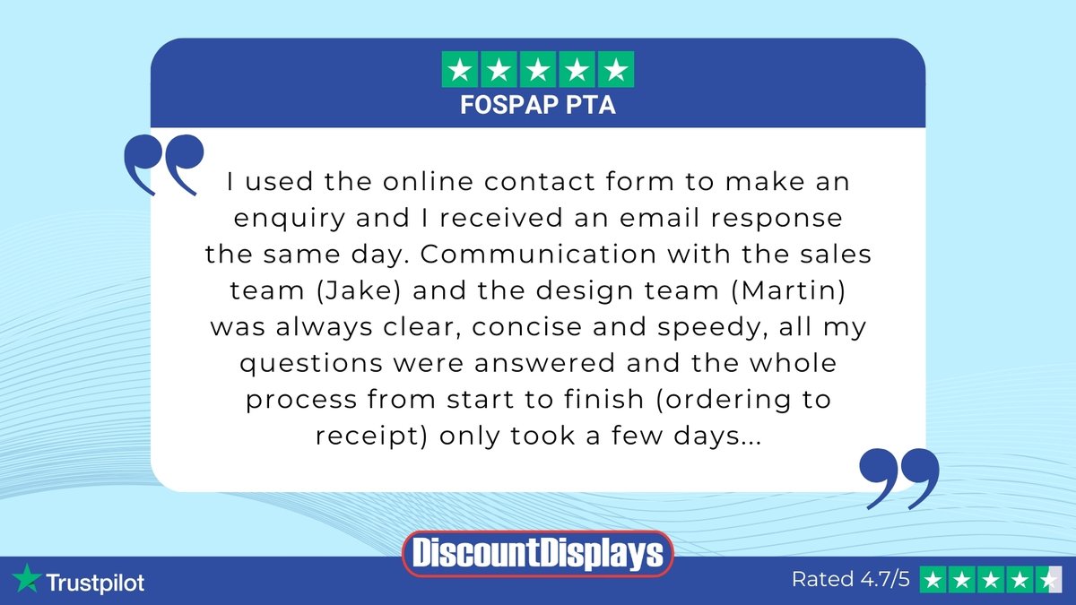 displayexperts's tweet image. ✨Testimonial✨

Thank you to FOSPAP PTA  for leaving a fantastic 5-star review! 

Head over to our bio and follow our Trustpilot link to let us know your experience. 

#discountdisplays #trustpilot #excellentrating #customerservice
