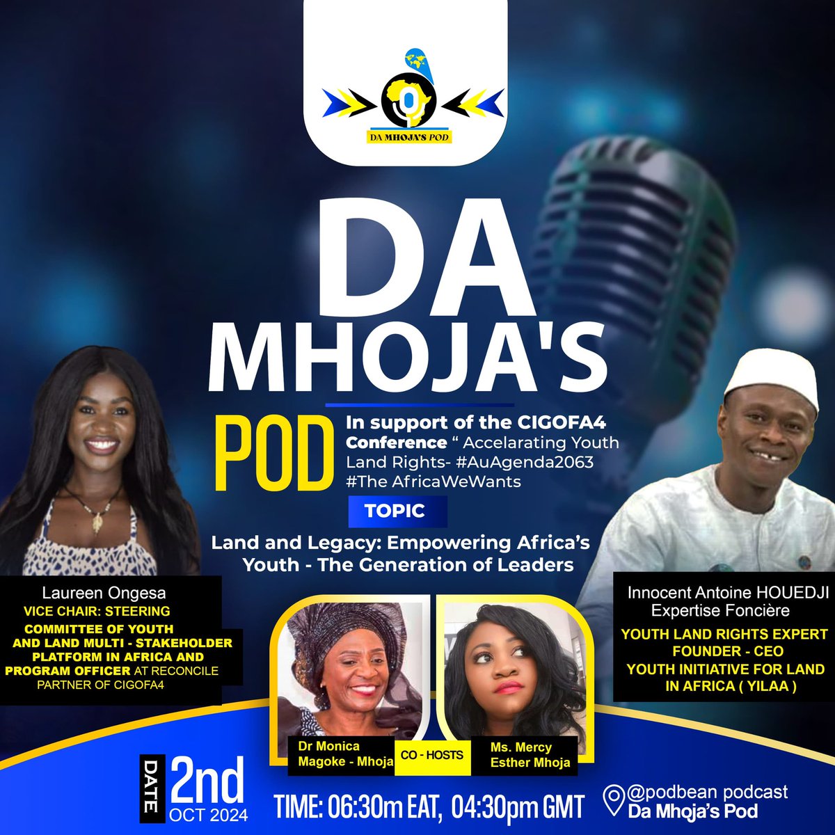 DrMhojam's tweet photo. #DaMhojasPod #dont miss it on 2/10/24
Two land experts will be providing highlights about the Fourth International Youth and Land Governance Conference 
#joinus for this podcast on Land and Legacy: Empowering Africa's Youth #CIGOFA4 conference on Acceleration of Youth Land Rights https://t.co/s1rNVMdBQW