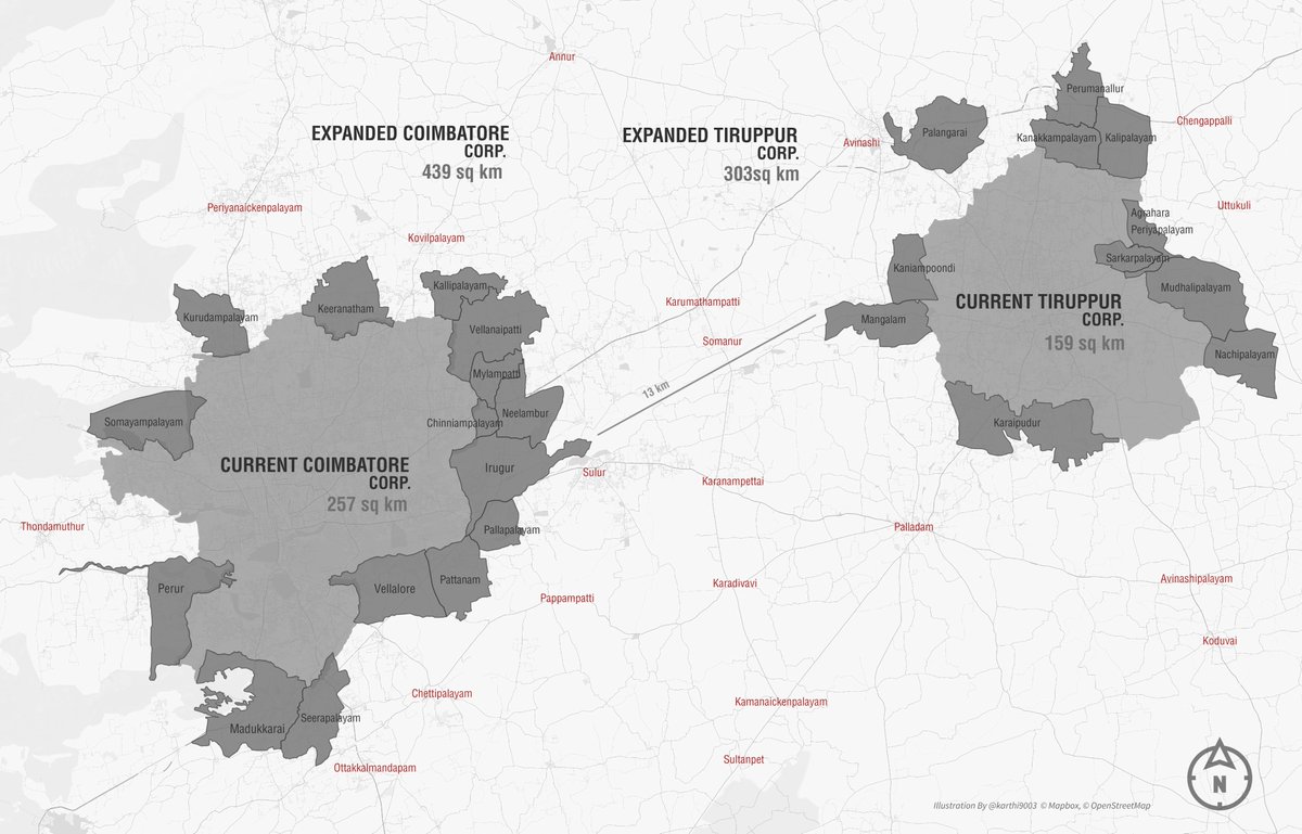 karthi9003's tweet photo. Coimbatore Corp. to be expanded from 257 sq km to 439 sq km. Tiruppur Corp. to be expanded from 159 sq km to 303 sq km.

After expansion, Coimbatore will be the largest corp. by size in TN.

See map for the list of local bodies to be incorporated into respective corp.