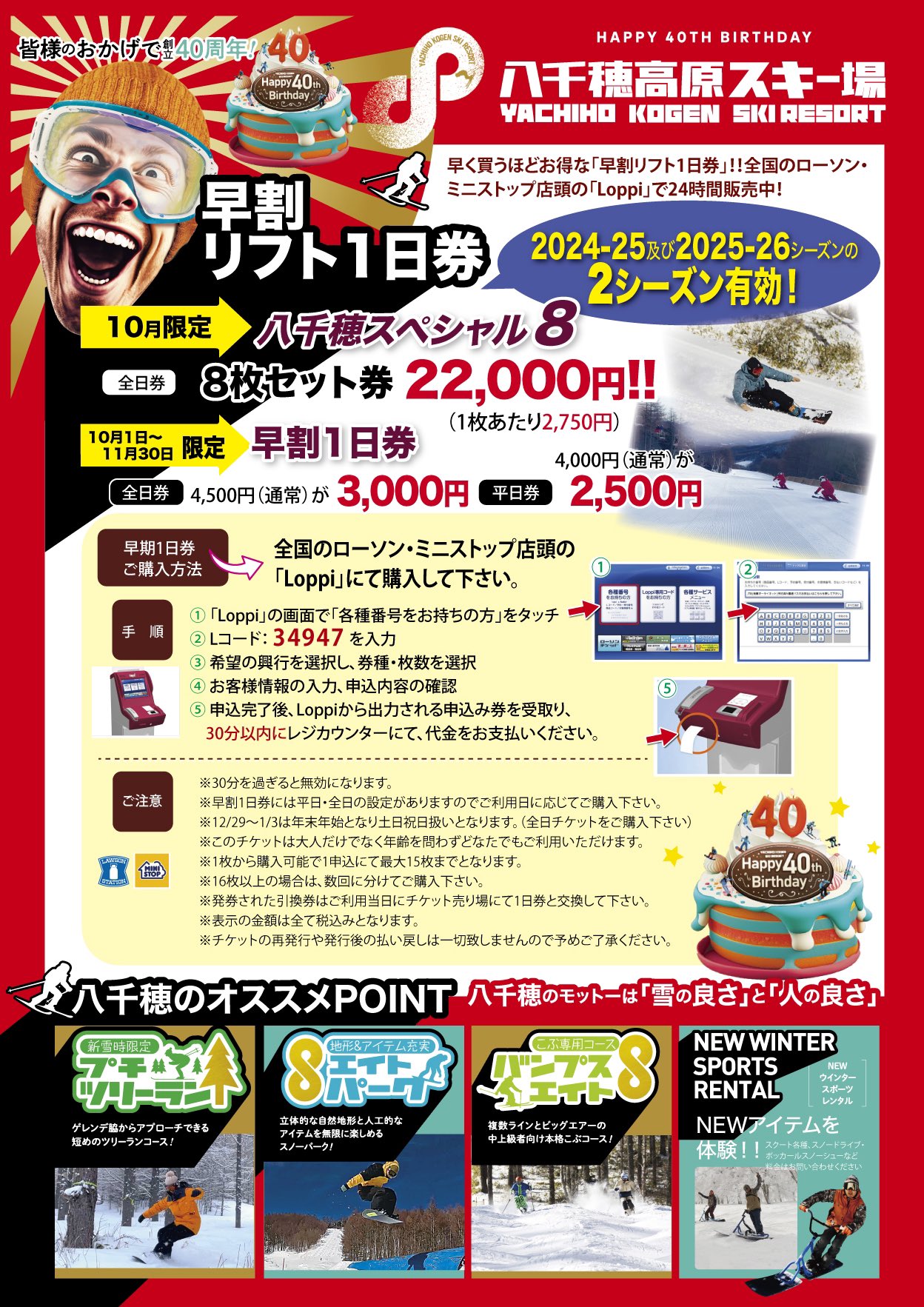 八千穂高原スキー場 リフト一日券 3枚 スノーボード