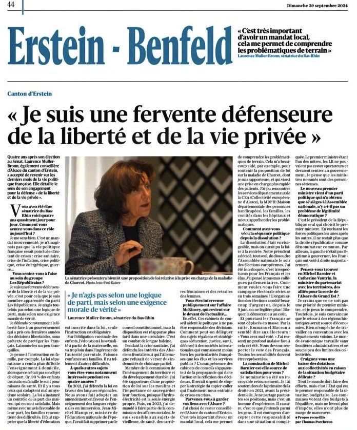 MullerBronnL's tweet photo. Défendre les libertés publiques et individuelles, soutenir l'autonomie des collectivités locales, protéger l'enfance et les familles des ingérences de l'Etat...Ces sujets sont au cœur de mon action politique. 
À lire dans mon interview par les Dernières Nouvelles d'Alsace⁩ ⬇️ https://t.co/XA1zABdGom