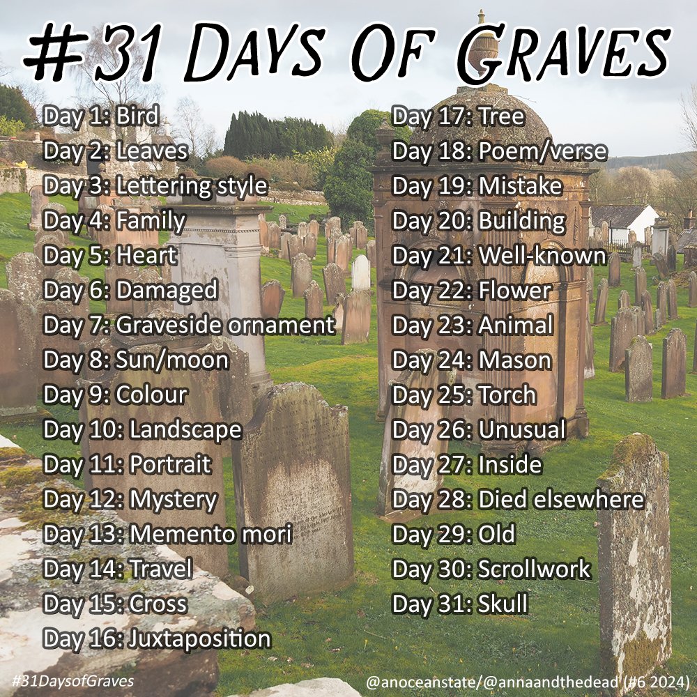 Dave_Lifelines's tweet photo. I'm looking forward to taking part in this year's #31DaysOfGraves challenge organised by @annaandthedead 
How many of the 31 daily prompts do you think you can find amongst your own family gravestones? 
The fun starts tomorrow... https://t.co/Q4xc6fIgLH