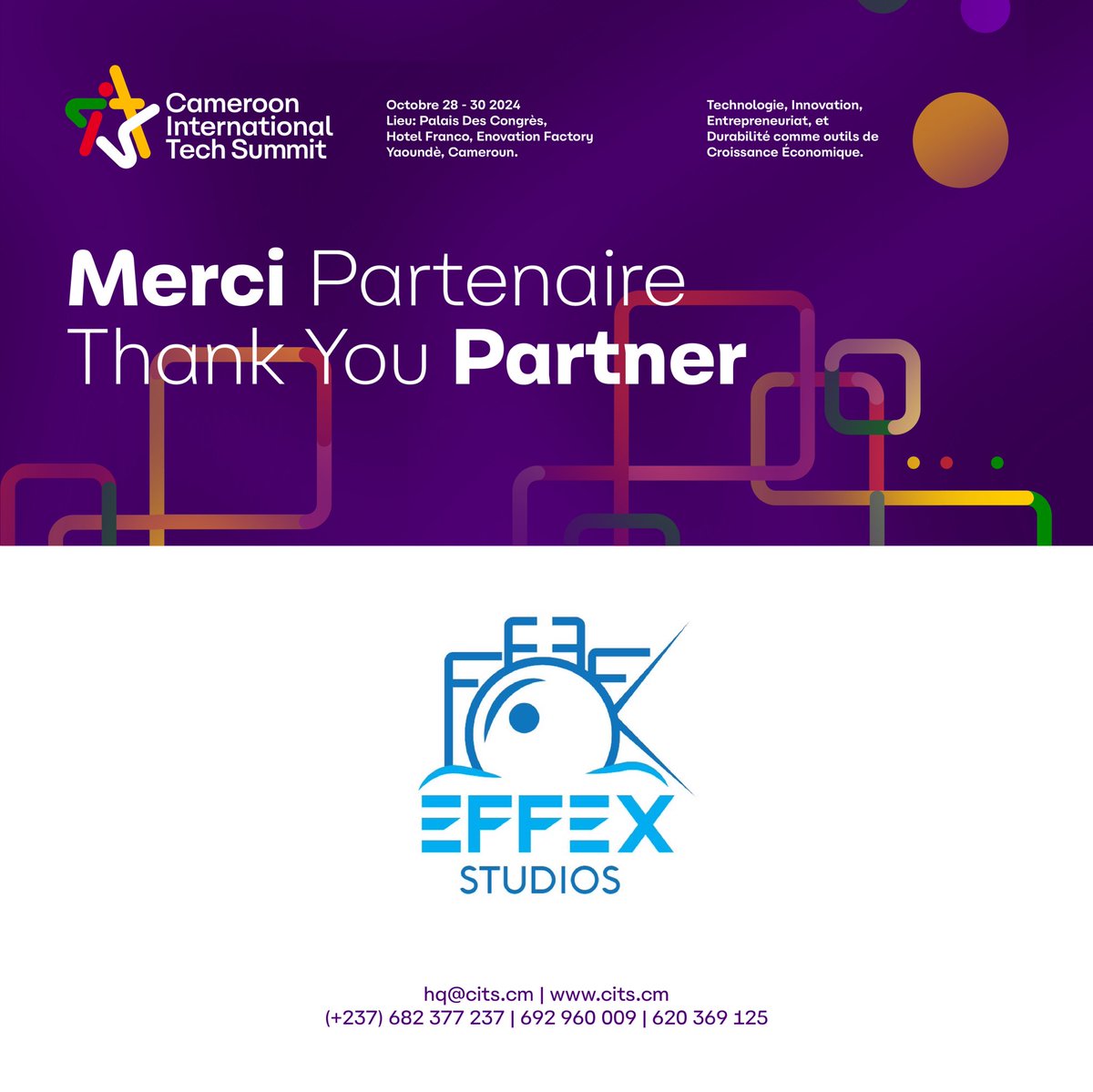 Thank you, Effex Studios, for being a Key Partner to #CITS24!

Visit cits.cm to register your interest

#cits24 #tech #innovation #entrepreneurship #startup #Cameroon #sustainability #africa #giz #germancooperation #unsustainablegoals #pnudcameroun #Effex