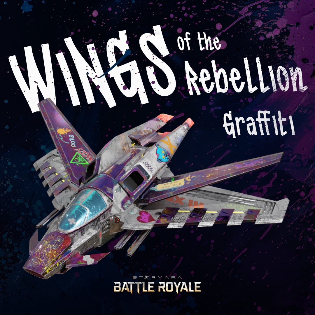 Unleash your rebellious side with the  Graffiti skin on the Wings of Rebellion spaceship! 🎨🚀 
Express your style as you conquer the galaxy in Starvara Battle Royale. Ready to take flight? 💥
 #Starvara #BattleRoyale #GraffitiSkin #WingsOfRebellion #GameOn