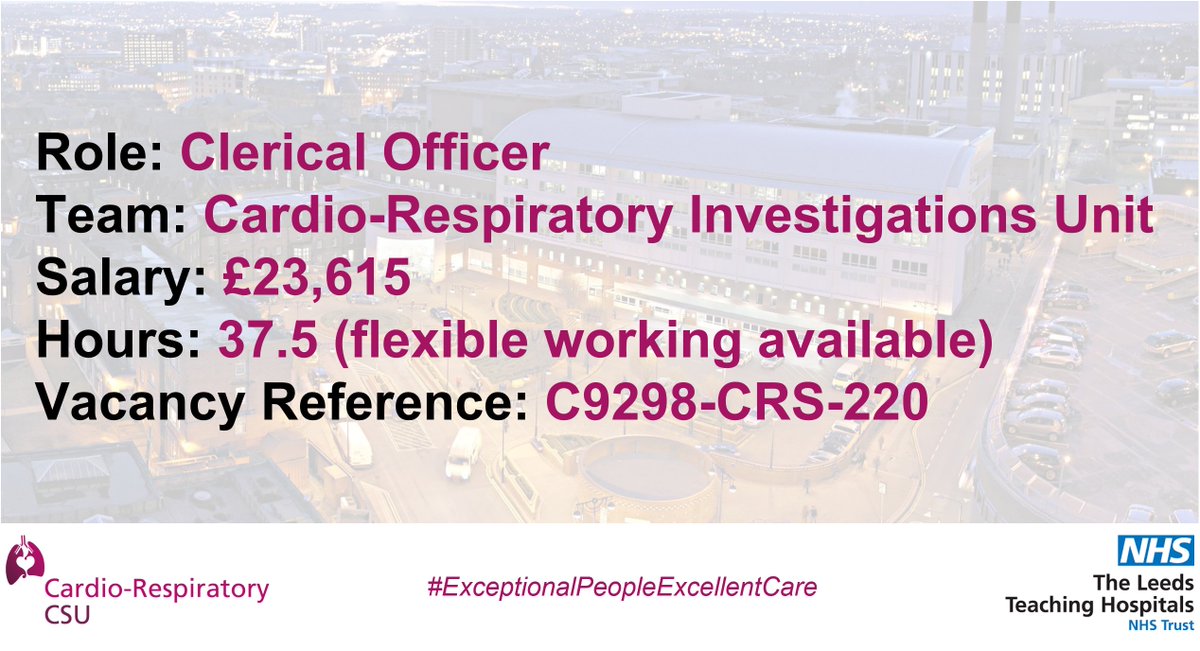 We're looking for a Clerical Officer to join our Cardio-Respiratory Investigations Unit!
You will work as part of a team to meet and greet patients, book appointments and provide admin support to our large and friendly multi-disciplinary team
Apply here jobs.nhs.uk/candidate/joba…