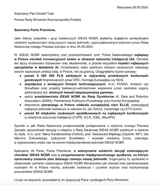 Michał Podlewski (@trajektoriaai) on Twitter photo Wszyscy liderzy IDEAS NCBR solidarnie jednym głosem apelują do <a href="/donaldtusk/">Donald Tusk</a> o wstrzymanie ostatnich decyzji oraz zorganizowanie spotkania.‼️
Tutaj ważą się losy przyszłości 🇵🇱AI.
ProszÄ™ o podanie dalej.
#MuremZaIDEAS
x.com/tomasztrzcinsk… Wszyscy liderzy IDEAS NCBR solidarnie jednym głosem apelują do <a href="/donaldtusk/">Donald Tusk</a> o wstrzymanie ostatnich decyzji oraz zorganizowanie spotkania.‼️
Tutaj ważą się losy przyszłości 🇵🇱AI.
ProszÄ™ o podanie dalej.
#MuremZaIDEAS
x.com/tomasztrzcinsk…
