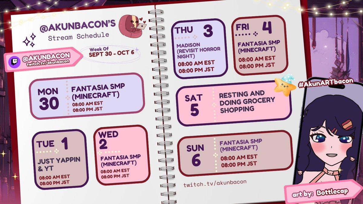 AkunBacon's tweet photo. Schedule for this week~! (づ  ̄ ³ ̄)づ🥓
━━✫・*。
🥓General: #Akunbacon
🥓LIVE: #BaconLIVE
🥓Art: #AkunARTbacon
⌜#ENVtubers • #Vtubers • #VtuberUprisings https://t.co/0Q3z6gVWue