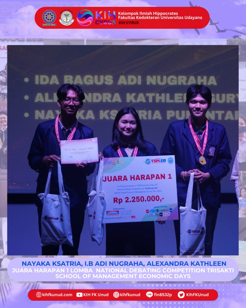 KIH FK Unud mengucapkan selamat atas prestasi yang telah diraih oleh: 

Nayaka Ksatria Purantara (AM 20), Ida Bagus Adi Nugraha (AM 20), Alexandra Kathleen Suryawan (AM 20)
🎖Juara Harapan 1 Lomba Debat National Debating Competition Trisakti School of Management Economic Days