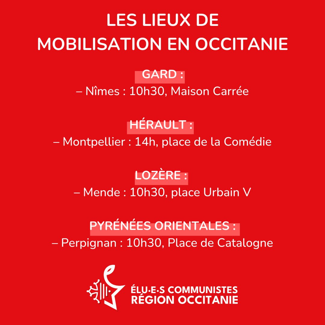 GrpCRCoccitanie's tweet photo. Ce mardi 1er octobre un appel à la mobilisation a été lancé par les syndicats, les élu-es communistes appellent à rejoindre cette mobilisation pour les salaires, les services publics et l'abrogation de la réforme des retraites !

👀 Voici les rendez-vous en Occitanie ! https://t.co/BMFV1BKemb