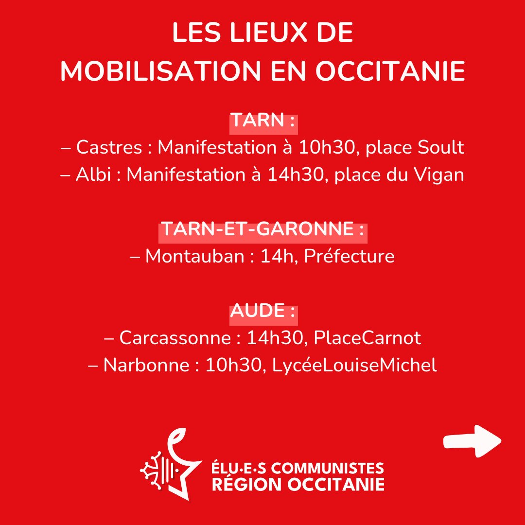 GrpCRCoccitanie's tweet photo. Ce mardi 1er octobre un appel à la mobilisation a été lancé par les syndicats, les élu-es communistes appellent à rejoindre cette mobilisation pour les salaires, les services publics et l'abrogation de la réforme des retraites !

👀 Voici les rendez-vous en Occitanie ! https://t.co/BMFV1BKemb