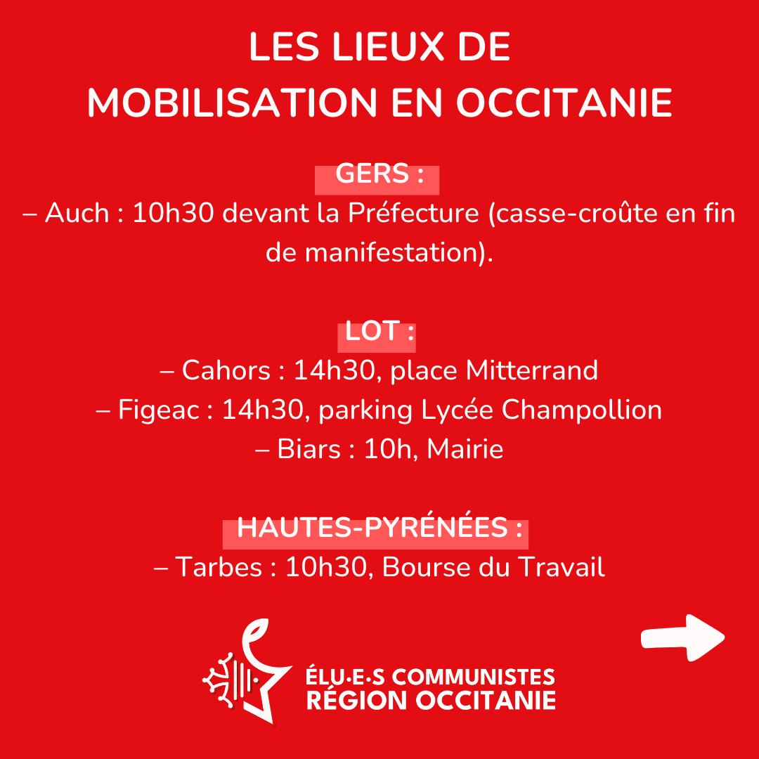 GrpCRCoccitanie's tweet photo. Ce mardi 1er octobre un appel à la mobilisation a été lancé par les syndicats, les élu-es communistes appellent à rejoindre cette mobilisation pour les salaires, les services publics et l'abrogation de la réforme des retraites !

👀 Voici les rendez-vous en Occitanie ! https://t.co/BMFV1BKemb