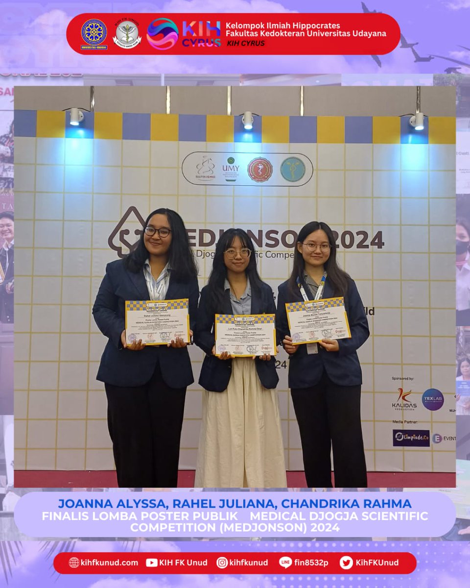 KIH FK Unud mengucapkan selamat atas prestasi yang telah diraih oleh: 

Joanna Alyssa Tanuraharja (AI 19), Rahel Juliana Manurung (AI 19), Luh Putu Chandrika Rahma Dewi (AI 19)
🎖Finalis Lomba Poster Publik Medical Djogja Scientific Competition (MEDJONSON) 2024