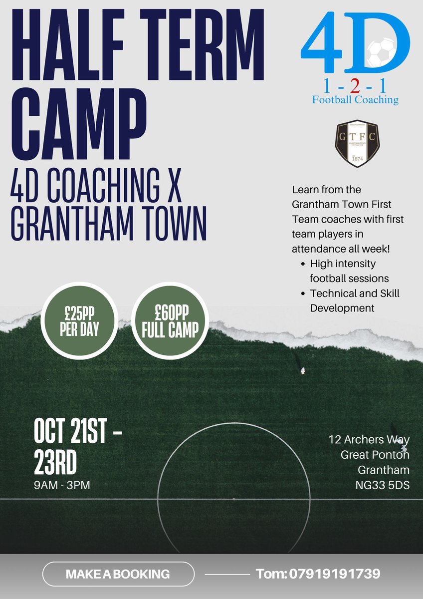 𝙃𝘼𝙇𝙁 𝙏𝙀𝙍𝙈 𝘾𝘼𝙈𝙋

#thegingerbreads First Team Coach, Tom Ford with his 4D Coaching will be running a Half Term Football Camp

Contact him via the details on the poster to book on!