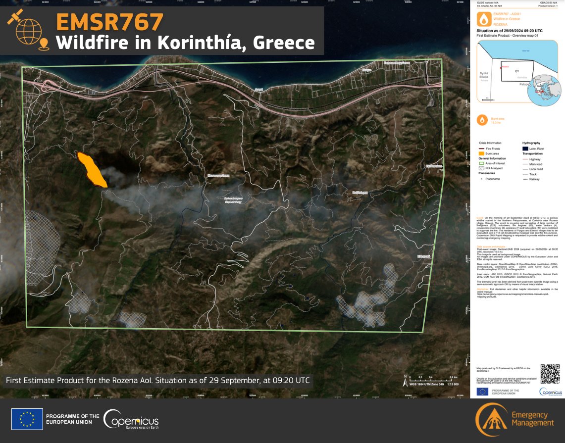#EMSR767

On 29 September, a #wildfire 🔥 was reported near the Rozena village, northeast of #Corinth in #Greece 🇬🇷

Our #MappingTeam has already delivered its First Estimate Product, and a Delineation Product is planned for today

More updates at👇
rapidmapping.emergency.copernicus.eu/EMSR767/report…
