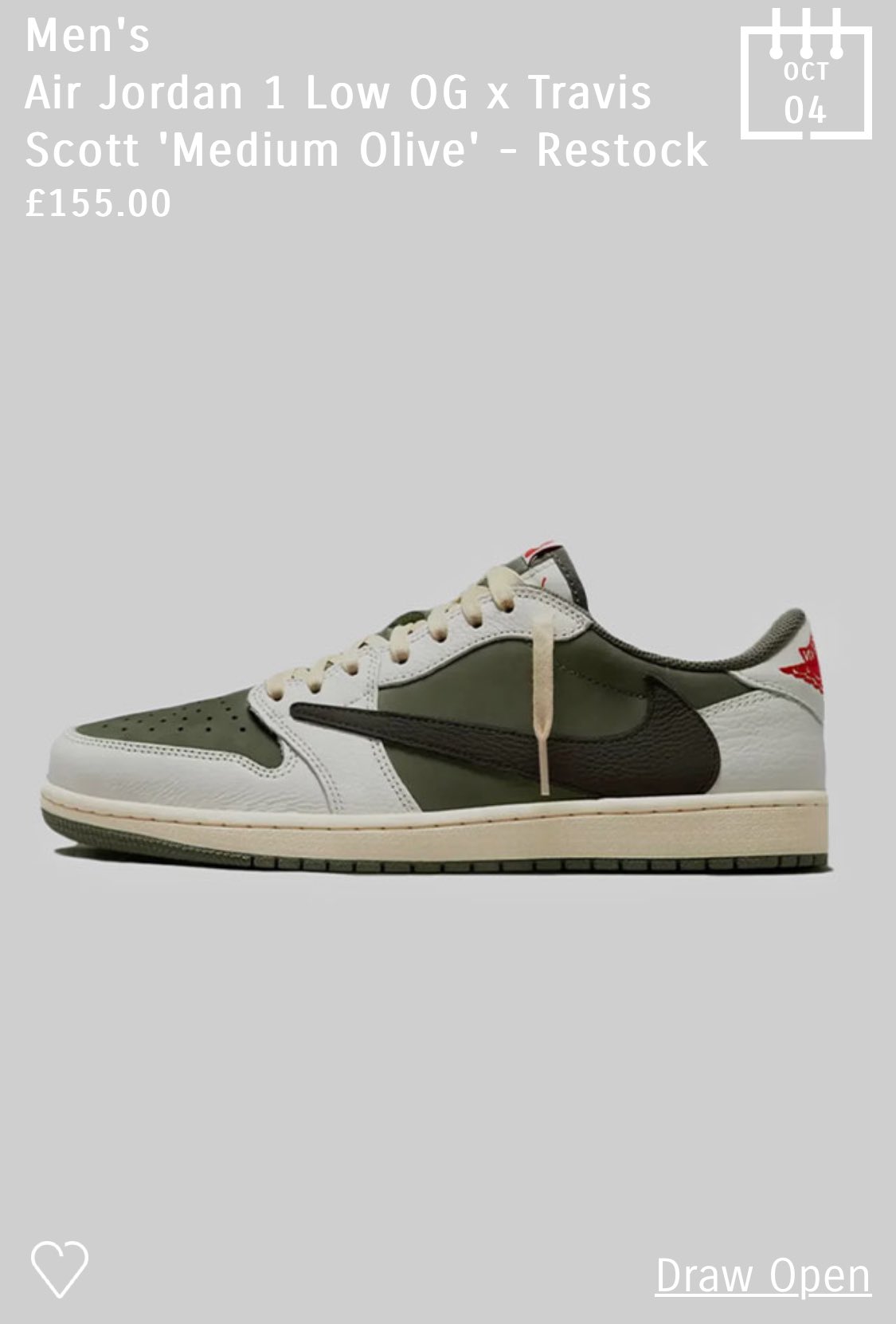 Sneakerologue on X Restock Raffle Travis Scott x Air Jordan 1 Low SP Medium Olive sur l appli Footpatrol Launches https t s5tPjYpM2F X