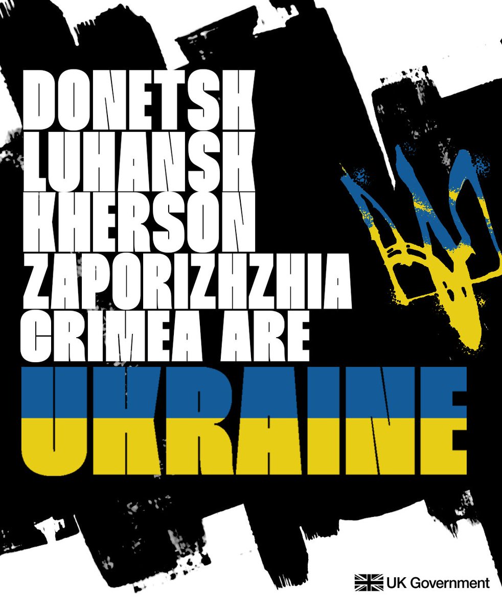 Two years ago, Russia breached the UN Charter by orchestrating another illegal "annexation" of Ukraine’s sovereign territory, just as it did in Crimea in 2014.

The UK's position is clear: Donetsk, Luhansk, Kherson, Zaporizhzhia, and Crimea are Ukraine.

#StandWithUkraine