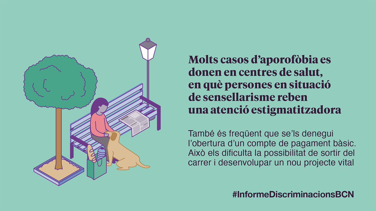 ℹ️ L'#InformeDiscriminacionsBCN ha registrat 98 siutacions d'aporofòbia.

🤔 Saps què és, però, l'aporofòbia?

‼️ És el menyspreu, fòbia, rebuig o odi envers les persones en condició de pobresa, sobretot cap a aquelles en situació de sensellarisme. (1/2)