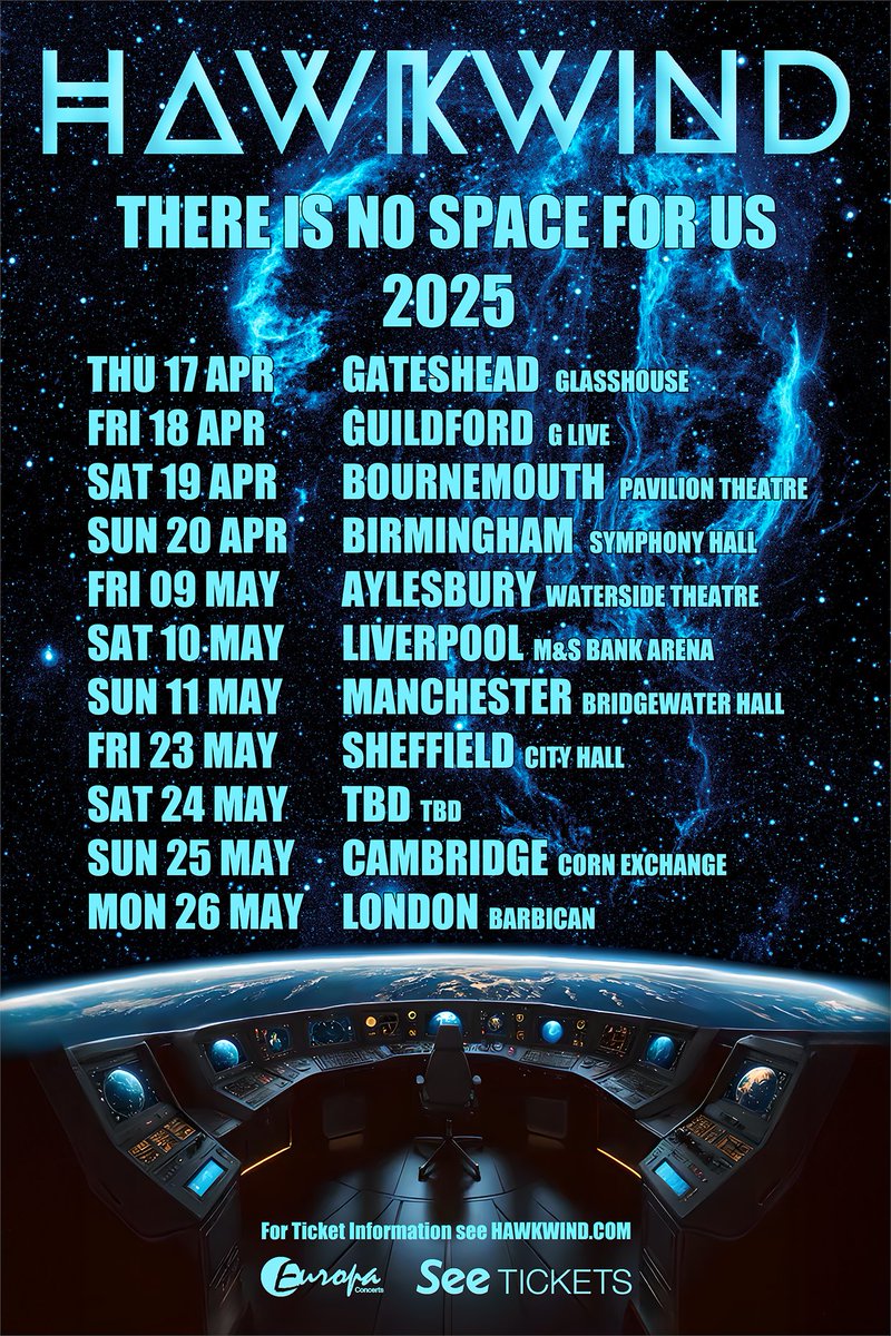 We are happy to let you know that we have confirmed a few dates for spring to coincide with the release of our new studio album “There Is No Space For Us”
Tickets go on sale this Friday – [europaconcerts.seetickets.com/tour/hawkwind]