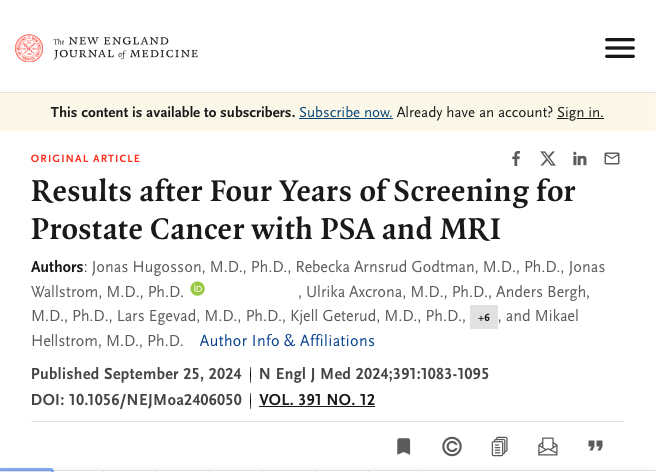 Results after Four Years of Screening for Prostate Cancer with PSA and MRI out on <a href="/NEJM/">NEJM</a> 

nejm.org/doi/full/10.10…

This study assessed the efficacy and safety of MRI-based prostate cancer screening in men aged 50 to 60, comparing MRI-targeted biopsy with systematic biopsy. 

Men
