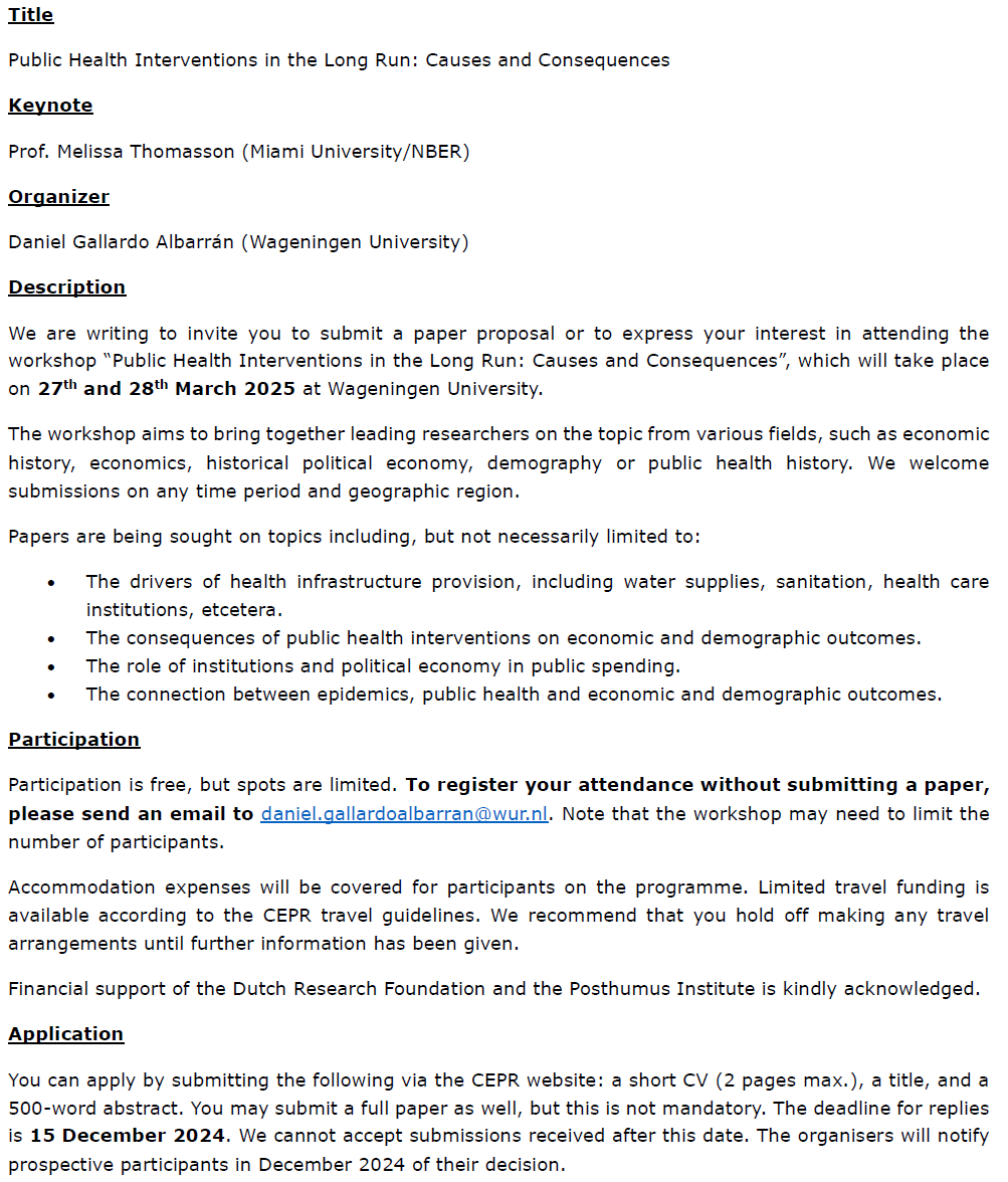 Daniel Gallardo (@danielgalalb) on Twitter photo I am organizing a <a href="/cepr_org/">CEPR</a> workshop at <a href="/WUR/">Wageningen U&R</a> on Public Health Interventions in the Long Run: Causes and Consequences (27 & 28 March)
This event brings to an end my NWO Veni project (<a href="/NWONieuws/">NWO Nieuws</a>). Time flies!
Apply if you are interested: shorturl.at/BDoNX I am organizing a <a href="/cepr_org/">CEPR</a> workshop at <a href="/WUR/">Wageningen U&R</a> on Public Health Interventions in the Long Run: Causes and Consequences (27 & 28 March)
This event brings to an end my NWO Veni project (<a href="/NWONieuws/">NWO Nieuws</a>). Time flies!
Apply if you are interested: shorturl.at/BDoNX