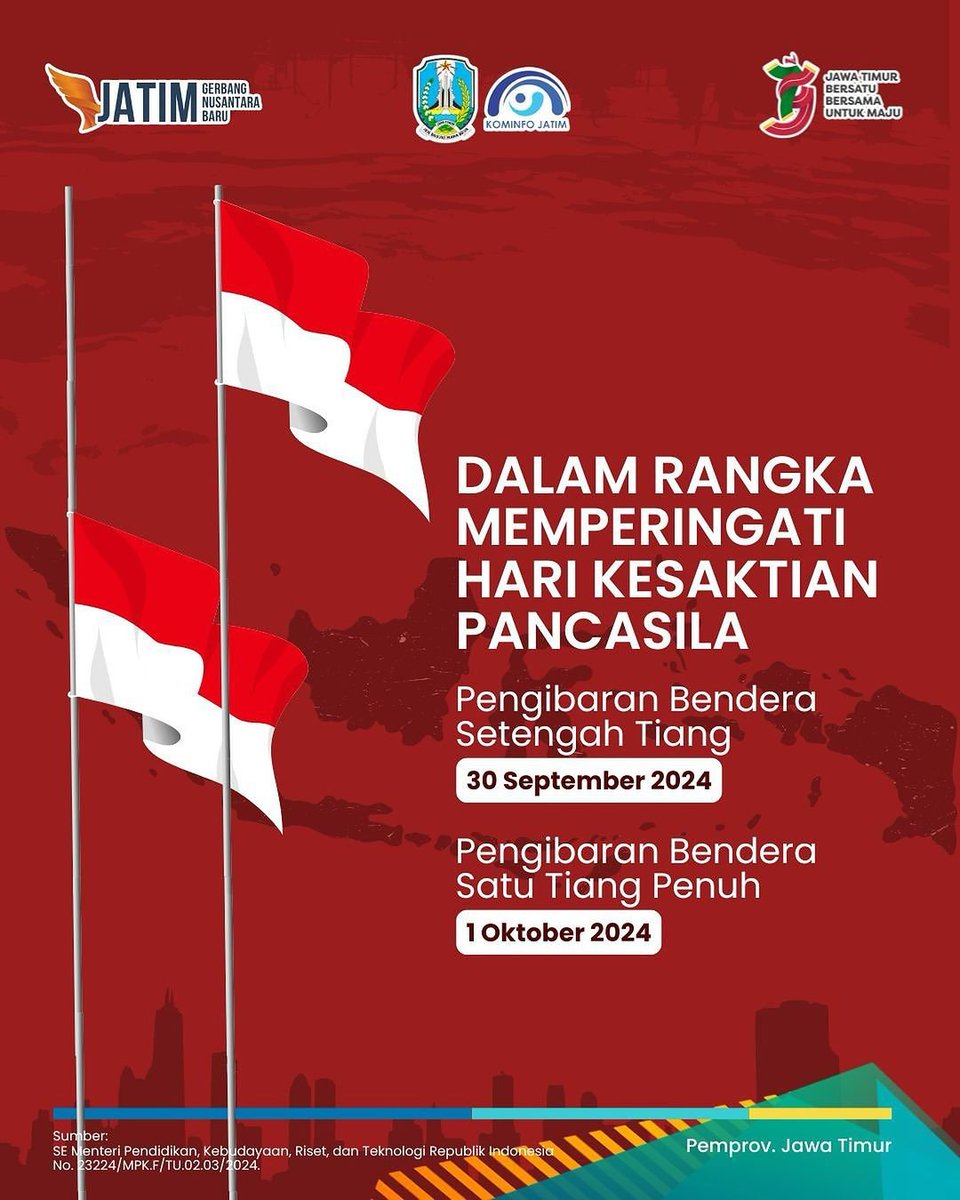 Dlm rangka memperingati Hari Kesaktian Pancasila &amp;  mengenang jasa para pahlawan, kami mengajak #wargajatim untuk bersama-sama melaksanakan pengibaran bendera sesuai ketentuan yang berlaku. 

#Jatimpemprov  #OptimisJatimBangkit #Jatimprov2024 #jatimbersatubersamauntukmaju